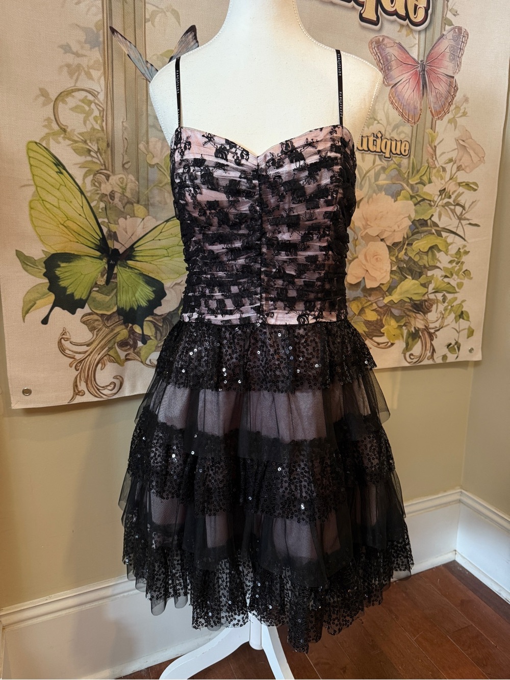 Masquerade Black Sequin Tulle Dress with Pink Lining